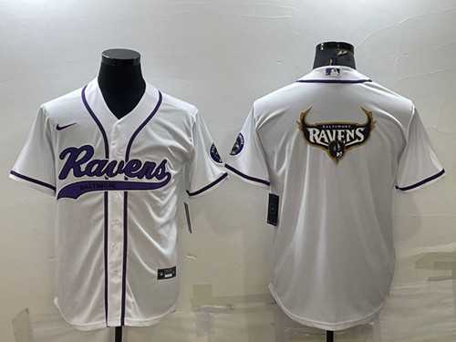 Mens Baltimore Ravens White Team Big Logo With Patch Cool Base Stitched Baseball Jersey